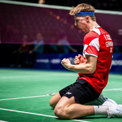 Spieler Matthias Kicklitz jubelt bei der FISU in der Mülheimer Westenergie Sporthalle