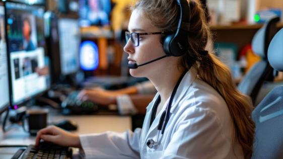 Eine junge Ärztin sitzt mit einem Headset am Computer und hat eine Videosprechstunde.