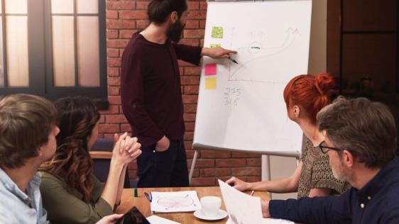 Zwei Männer und zwei Frauen sitzen an einem Tisch und schauen sich eine Präsentation ihres Kollegen an der an einem Flipchart steht.