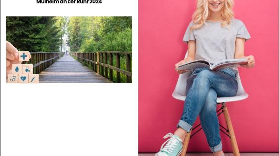  Eine blonde Frau sitzt lächelnd auf einem Stuhl und hält den Basisgesundheitsbericht in den Händen. Auf der linken Seite des Bildes ist die Titelseite des Berichts zu sehen. Es enthält ein Titelfoto mit einer Brücke und einer Joggerin.