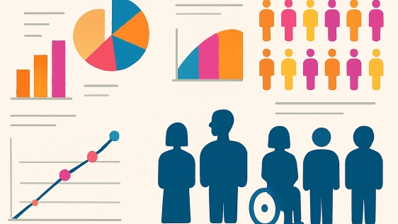 Das Bild zeigt verschiedene Grafiken zu statistischen Auswertungen und mehrere Personen