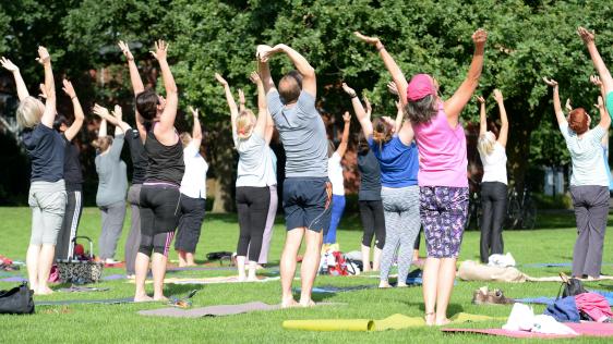 Angebot Yoga auf der Müga Wiese im Rahmen der Sportangebote die in den Parkanlagen und auf den Grünflächen angeboten werden.