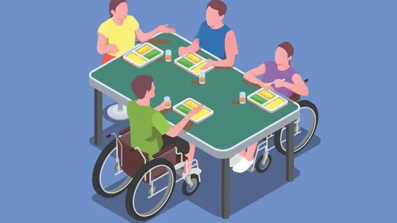 Vier gezeichnete Rollstuhlfahrer, die an einem Tisch sitzen und arbeiten Istock