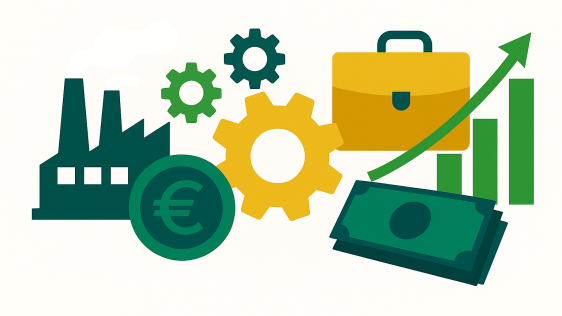 Das Bild zeigt verschiedene Symbole zum Themenbereich Arbeit und Wirtschaft