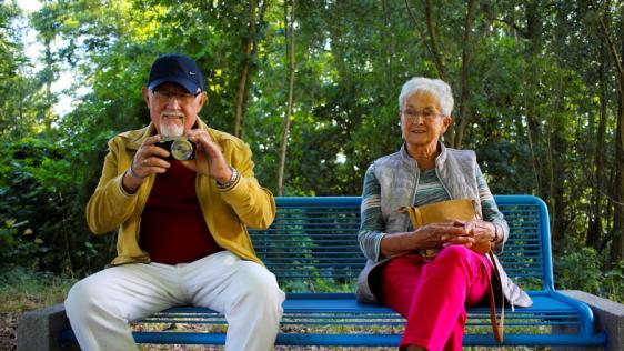 Ältere Menschen im Park auf einer Bank. Senioren, Seniorinnen, Rente, Ruhestand