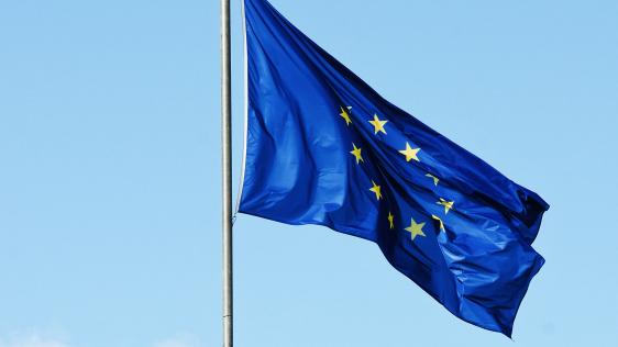 Die Europaflagge vor einem blauen Himmel wehend.