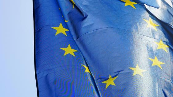 Die Europaflagge vor einem blauen, sonnigen Himmel wehend.