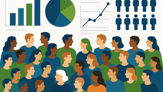 Das Bild zeigt verschiedene Personen und im Hintergrund Grafiken zur Datenauswertung