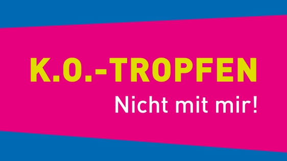  Das Bild zeigt den Schriftzug K.O.-Tropfen - Nicht mit mir!. Das Logo gehört zu einer Sensibilisierungs- und Aufklärungskampagne der Gleichstellungsstelle der Stadt Mülheim an der Ruhr zum Thema K.O.-Tropfen.