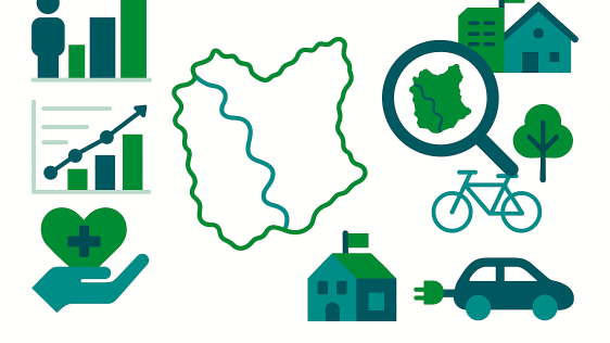 Auf dem Bild sind Symbole zu Themen wie Statistiken, Gesundheit, Wohnen, Mobilität und Umwelt zu sehen - dargestellt in blau und grün auf weißem Hintergrund.