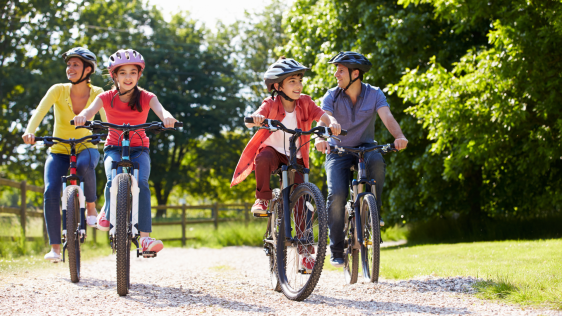 Ein Elternpaar fährt mit zwei Kindern Fahrrad in der Natur.