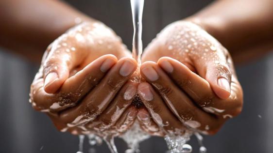 Eine Frau wäscht sich die Hände unter einem Wasserhahn