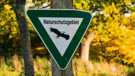 Ein an einem Baum befestigtes Schild mit der Aufschrift "Naturschutzgebiet".