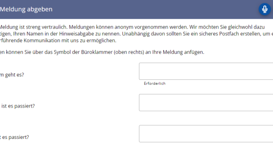 Eingabemaske für die Abgabe einer Meldung im Hinweisgeberschutzsystem.
