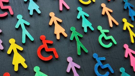 Verschiedenste bunte Piktogramme von Männern und Frauen, mit und ohne Beeinträchtigung.