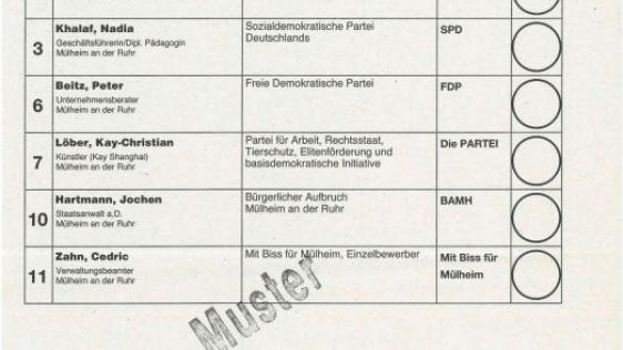 Musterstimmzettel für die Wahl des/der Oberbürgermeisters/Oberbürgermeisterin der kreisfreien Stadt Mülheim an der Ruhr am 14.09.2025