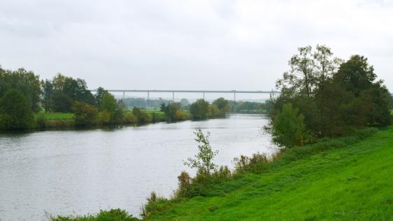 Ein Bild der Ruhr nahe Mülheim-Mintard, im Hintergrund ist die Ruhrtalbrücke zu erkennen.
