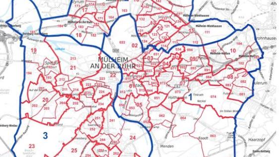 Stadtplan zeigt die neue Einteilung des Mülheimer Stadtgebietes in die weiterhin 108 Wahlbezirke zu den Kommunalwahlen 2025.