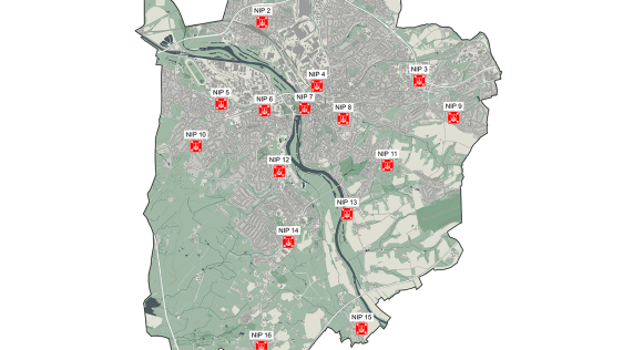 Übersichtskarte mit Standorten der 16 Notruf- und Informationspunkte im Stadtgebiet von Mülheim an der Ruhr