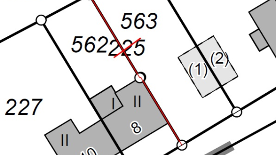 Darstellung einer Grundstücksteilung. Aus dem Flurstück 225 wurden die beiden Teilflächen 562 und 563 gebildet.