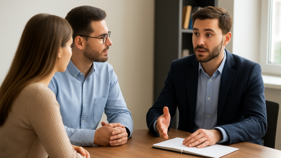 Drei Personen sitzen an einem Tisch und einer der Personen erklärt den anderen etwas