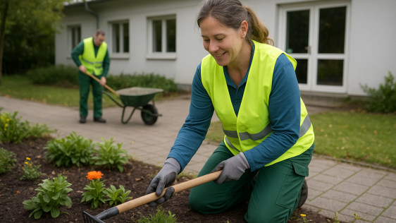 Eine kniende Gärtnerin, die ein Blumenbeet neu mit Pflanzen bestückt und eine harke in der Hand hält. Im Hintergrund ist ein Kollege mit einer Schubkarre vor einem Haus sichtbar.