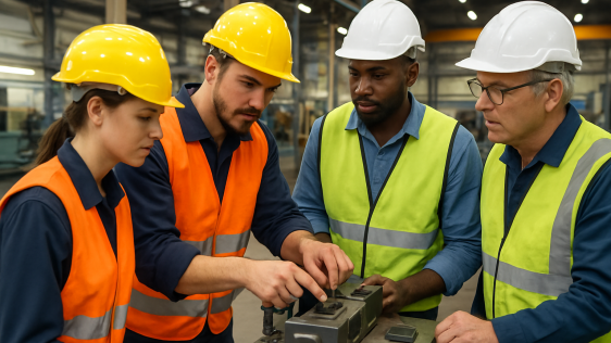 Einarbeitungssituation in einer Fabrik; ein Vorarbeiter lernt 3 neue Mitarbeiter an. Alle haben Schutzhelme auf und Westen an.