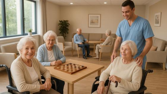 Ein Pfleger mit mehreren Senior*innen in einem Raum, alle lächeln glücklich, eine Person sitzt im Rollstuhl, 2 weitere auf Stühlen und 2 sitzen auf Sesseln