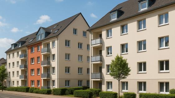 Zwei Mehrfamilienwohnhäuser nebeneinander an einer Straße