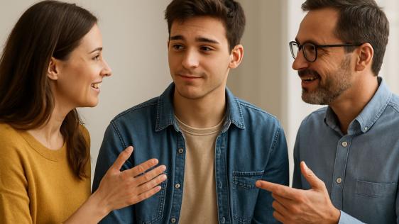 Ein Mann und eine Frau erklären einem Mann, der in der Mitte der beiden ist, etwas freundlich