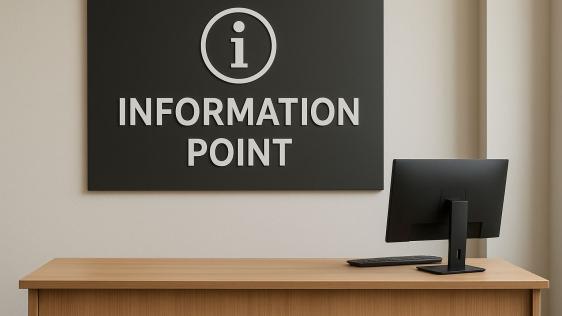 Schild an der Wand mit der Aufschrift Information Point, davor steht ein Schreibtisch  mit einem Laptop drauf