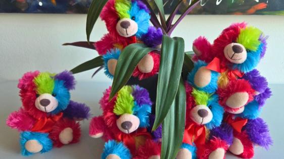 Ein Gruppe von bunten Stoffteddys 