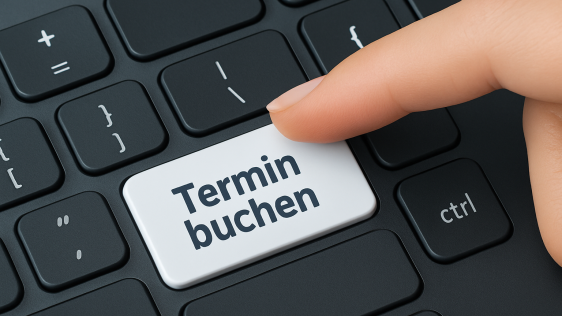 Finger einer Frau, die auf einem Laptop eine Taste drückt und einen Termin bucht