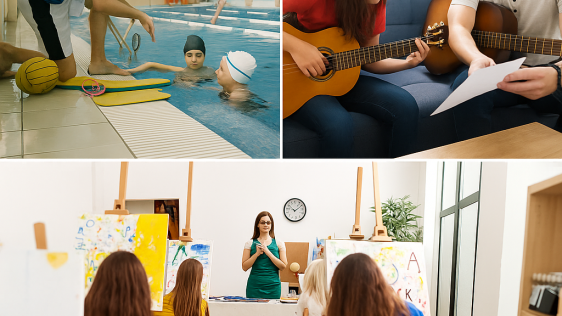 Collage zur Teilhabe: Bild 1 Schwimmlehrer am Beckenrand mit Kindern im Wasser, Bild 2: Musiklehrer unterrichtet ein Mädchen an der Gitarre, Bild 3: Dozentin in einer Malschule, Kinder mit dem Rücken zum Betrachter vor staffeleien