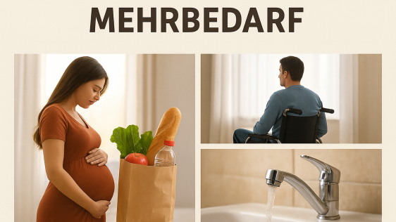 Collage zu "Mehrbedarfen im SGB II", zu sehen sind eine Schwangere, Lebensmittel, ein Mann im Rollstuhl der aus dem Fenster sieht und ein Wasserhahn aus dem Wasser läuft 