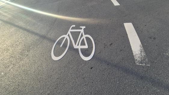 Piktogramm: Ein Fahrradsymbol ist in weiß auf einer Fahrbahn markiert.