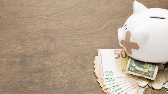 Weisses Sparschwein mit einem Pflaster auf der Wange auf gefächerten Euroscheinen, Euromünzen und einer Rolle Dollarnoten