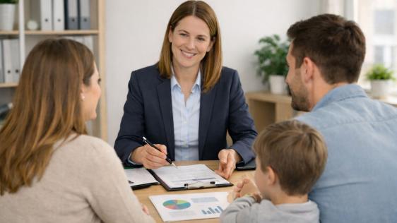 Eltern mit einem Kind an einem Schreibtisch sitzend, während sie von einer Frau beraten werden