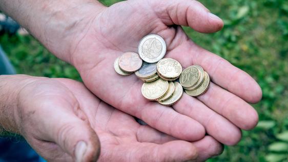 Zwei geöffnete Hände halten verschiedene Euromünzen.