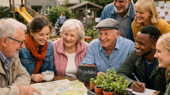 Sieben verschiedene Personen stehen um einen Tisch