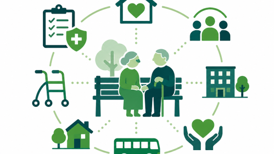Illustration zum Themenfeld "Alter und Pflege" mit älteren Menschen sowie Symbolen für Pflege, Wohnen, Mobilität, Gesundheit und soziale Unterstützung.