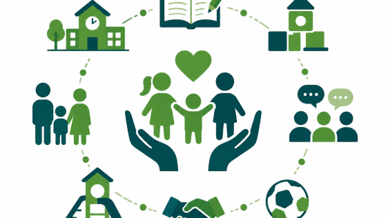 Illustration zum Themenfeld "Gelingendes Aufwachsen" mit Familie, Bildung, Betreuung, Freizeit und sozialer Unterstützung für Kinder und Jugendliche.