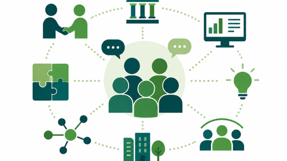 Illustration zum Themenfeld "Netzwerke und Kooperationen" mit vernetzten Personen sowie Symbolen für Zusammenarbeit, Austausch, Planung und gemeinsame Entwicklung.