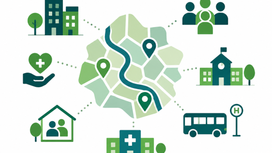 Stilisierte Stadtkarte mit Markern, umgeben von Symbolen für soziale Infrastruktur wie Schule, Krankenhaus, Bus, Wohngebäude und Gemeinschaft.