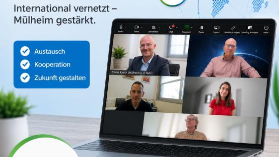 Die Wirtschaftsförderungen aus Mülheim an der Ruhr und den Partnerstädten Opole, Kfar Saba sowie Kouvola tauschen sich in digitalen Treffen über gemeinsame Zukunftsthemen und mögliche Kooperationen aus (Von links nach rechts, obere Reihe: Tobias Kirsch (Wirtschaftsförderung Mülheim), Sami-Pekka Kalliokoski (Kouvola); mittlere Reihe: Dan Manor (Kfar Saba), Noa Etgar (Kfar Saba), untere Reihe: Janne Viitamies (Kouvola).