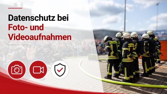 Grafik zum Datenschutz bei Foto- und Videoaufnahmen am Tag der offenen Tür der Feuerwehr Mülheim an der Ruhr. Zu sehen sind Einsatzkräfte der Feuerwehr vor Publikum sowie Symbole für Foto, Video und Datenschutz.