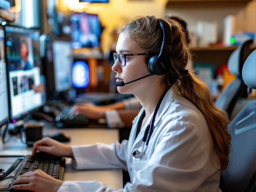 Eine junge Ärztin sitzt mit einem Headset am Computer und hat eine Videosprechstunde.