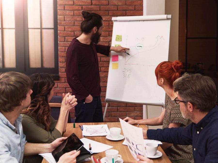 Zwei Männer und zwei Frauen sitzen an einem Tisch und schauen sich eine Präsentation ihres Kollegen an der an einem Flipchart steht.