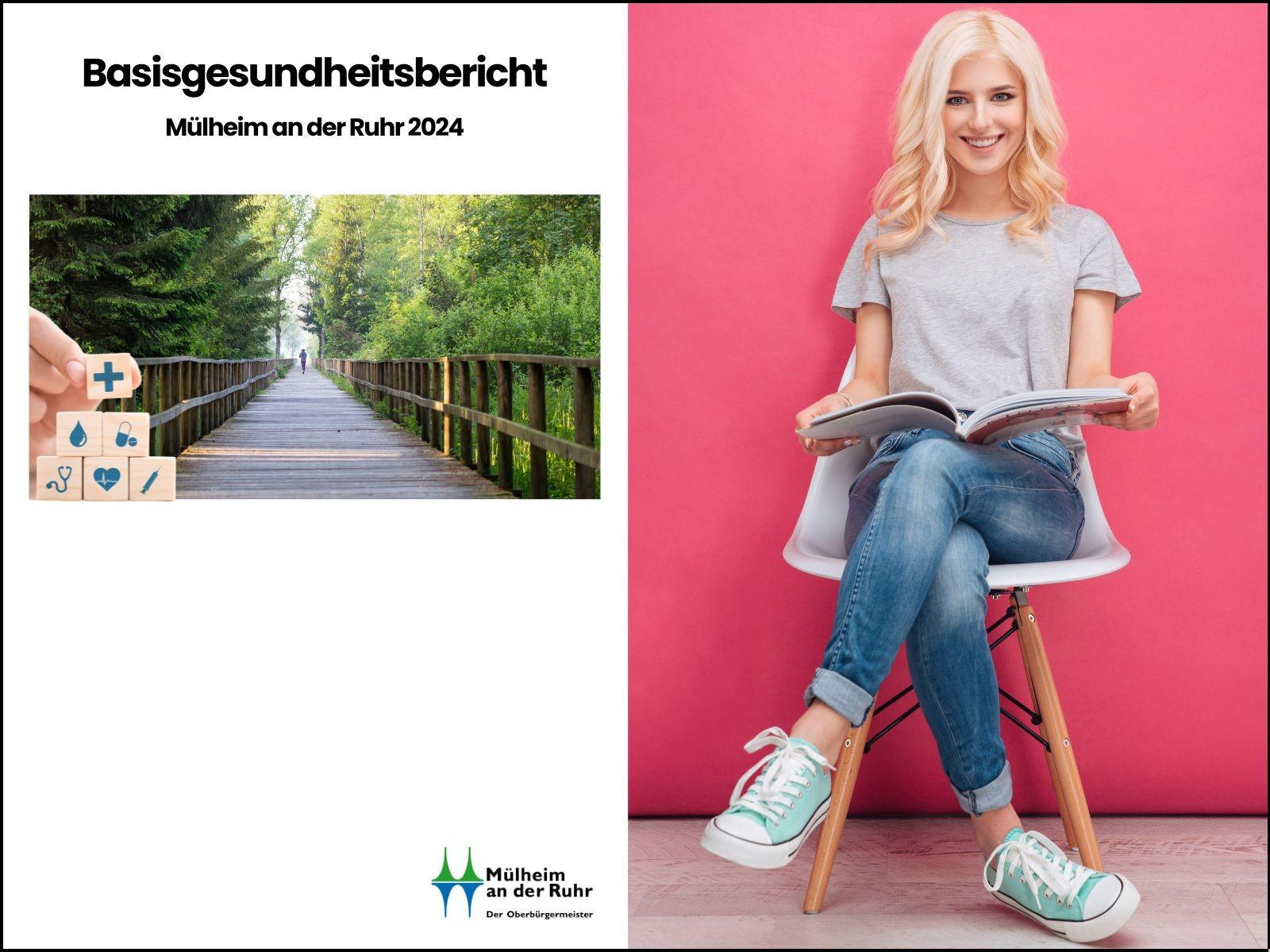  Eine blonde Frau sitzt lächelnd auf einem Stuhl und hält den Basisgesundheitsbericht in den Händen. Auf der linken Seite des Bildes ist die Titelseite des Berichts zu sehen. Es enthält ein Titelfoto mit einer Brücke und einer Joggerin.