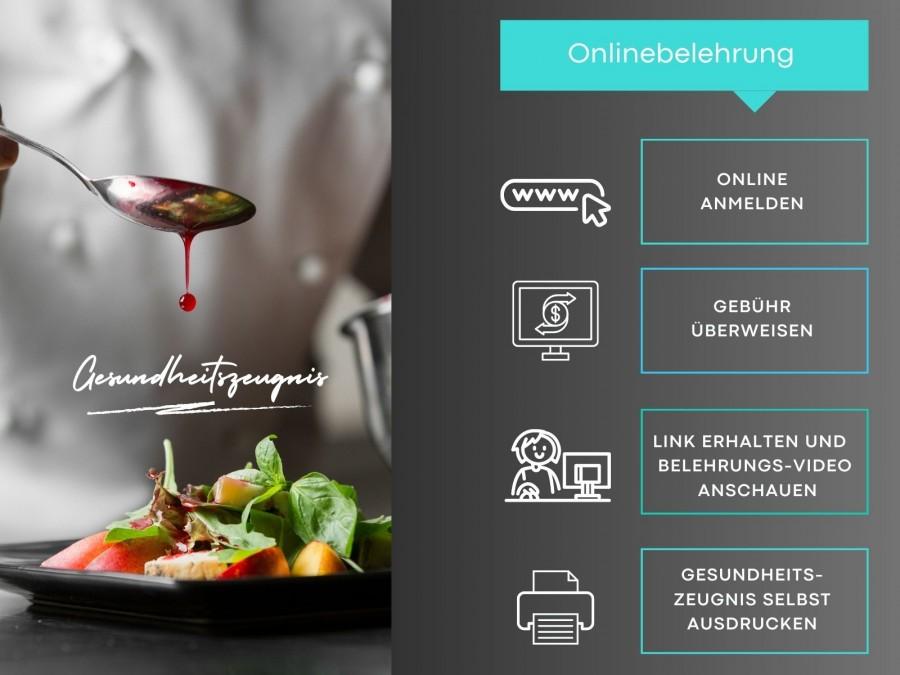 Ein Teller mit Essen. Darüber steht Gesundheitszeugnis. Ein Koch lässt eine Soße von einem Löffel auf das Essen laufen. Auf der rechten Seite sind vier Schritte beschrieben die zu einem Gesundheitszeugnis führen. Schritt 1: online anmelden, Schritt 2: Gebühr überweisen, Schritt 3: Link erhalten und Belehrungs-Video anschauen, Schritt 4: Gesundheitszeugnis selbst drucken
